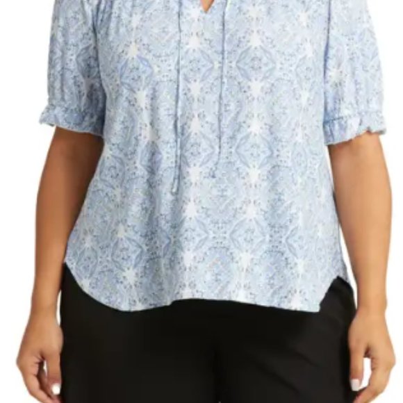 Mellody short sleeve blue geo pattern blouse- 1X- New Without Tags - Picture 1 of 5